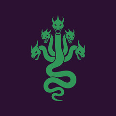 Illustration of a green multi-headed serpent with dragon-like faces on a dark background.