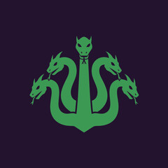 Illustration of a green, multi-headed dragon emblem on a dark background.