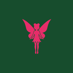 Pink fairy silhouette with wings on a dark green background.