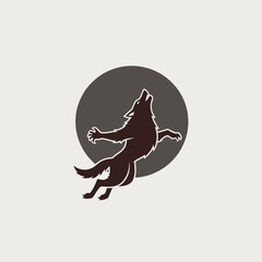 Stylized silhouette of a howling wolf with a circular background.