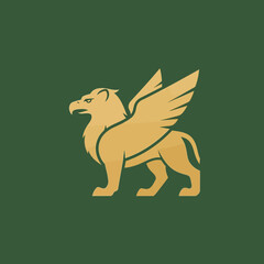 Stylized emblem of a lion with wings on a green background