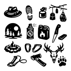 sticker outdoor adventure camping hiking fishing hunting gear set icon template logo silhouette
