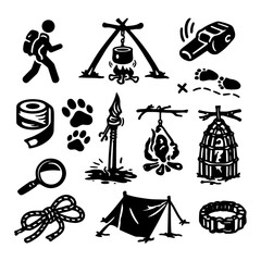 Fototapeta premium sticker outdoor adventure camping hiking fishing hunting gear set icon template logo silhouette 