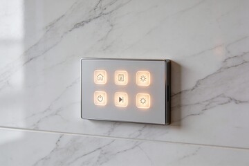 Smart-Home Technologie: Minimalistisches Bedienfeld an einer Marmorwand zur Steuerung von Energieeffizienz und Raumklima