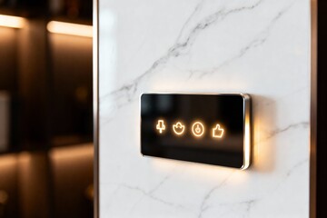Smart-Home Technologie: Minimalistisches Bedienfeld an einer Marmorwand zur Steuerung von Energieeffizienz und Raumklima