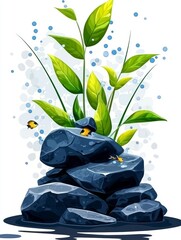 Stylized Aquarium Landscape Illustration with Aquatic Plants, Rocks, and Small Fish on White