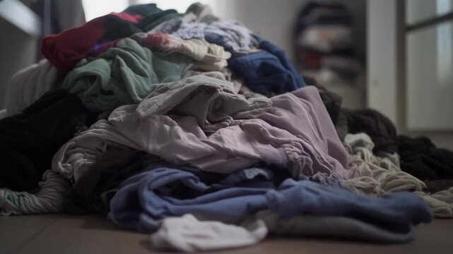 Pile of Unfolded Laundry on Wooden Floor, Home Organization Concept