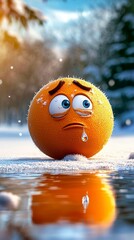 Sad Orange Character Crying in Snowy Winter Landscape
