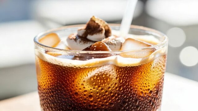 Close up of chilled coffee beverage with ice cubes and whipped cream