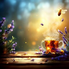 Whimsical Lavender Honey Tea with Bee and Blooming Flowers on Rustic Wood