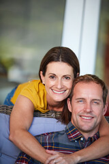 Fototapeta premium Love, portrait or couple at home with hug, connection or bonding together in healthy relationship. Space, happy man or woman in backyard with embrace, romance or commitment in marriage security.
