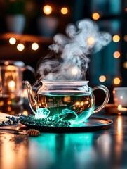 Glowing Herbal Lavender Tea Steaming in Glass Teapot with Cozy Bokeh Lights