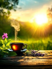 Steaming Coffee or Herbal Tea Cup with Lavender at Golden Sunrise Sunset in Tranquil Nature