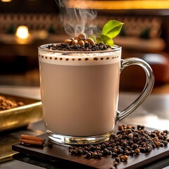 Steaming Chai Latte with Spices, Cinnamon, and Peppercorns on Dark Background