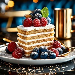Elegant Berry Layer Cake with Fresh Raspberries, Blueberries, and Mint