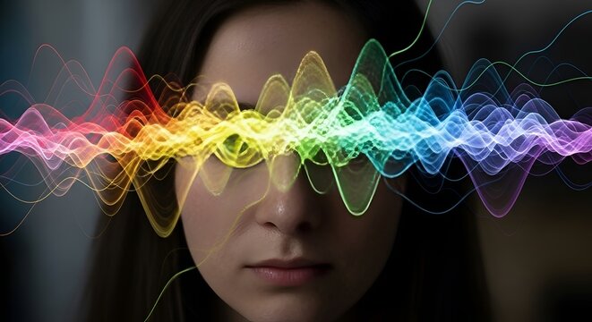 A surreal portrait of a woman with vibrant, swirling rainbow sound waves emanating from her face, generative ai art illustration