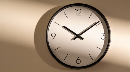 Round wall clock with white face and black hands mounted on beige wall, casting shadow. Ideal for time, interior design, or lifestyle visuals