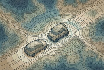 Abstract representation of two smart cars intersecting within intricate topographic lines and gradient waves showcasing modern technology and connectivity dynamics in an innovative automotive