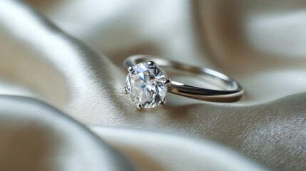 Elegant diamond engagement ring on luxurious satin fabric showcasing brilliance and sparkle, perfect for romance and love-themed designs
