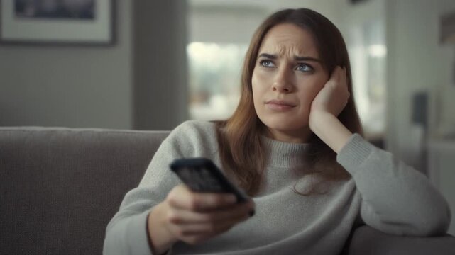 Bored Young Woman Flipping Channels on TV Remote Control, Feeling Uninspired and Disconnected While