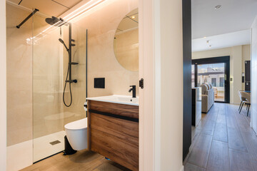 Modern minimalist bathroom with walk-in shower and wood vanity in bright apartment hallway