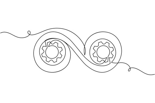 DevOps automation infinity loop with a gear icon continuous one line drawing on white background minimalist CI/CD pipeline software development and business workflow process technology symbol outline 