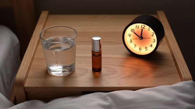 Bedside tranquility: An alarm clock, glass of water, and essential oil roller before sleep