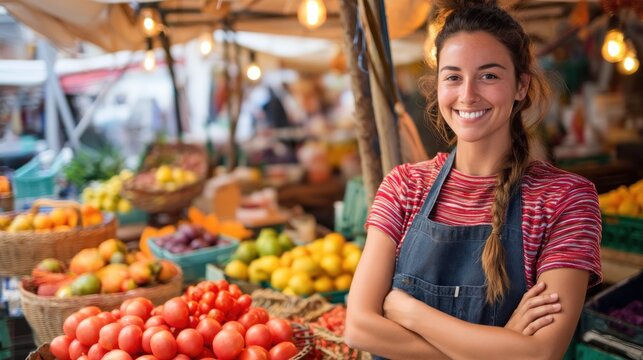 Woman at market display smiling