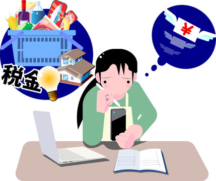家計簿をつけながら物価高や生活費の支払いに悩む主婦のイラスト