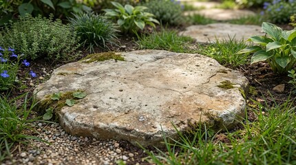 Garden stepping stone surrounded by grass and flowering plants  