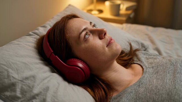 A young woman relaxes in bed at night listening to music with red headphones. Person unwinding before sleep with a podcast or audiobook. Relaxation and self-care concept