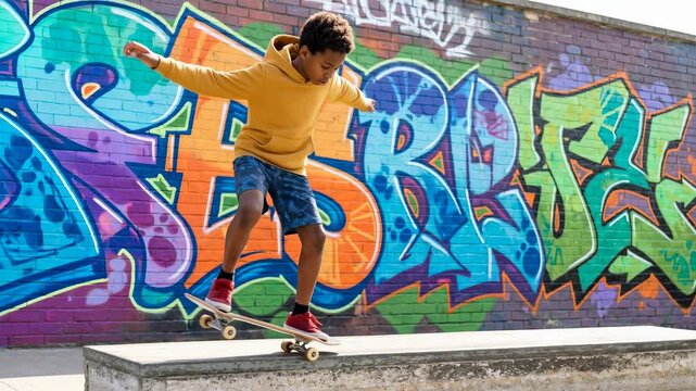 Young boy skateboarding and performing a trick on a ledge. Kid skater balancing in front of a colorful graffiti wall. Urban youth lifestyle and recreation