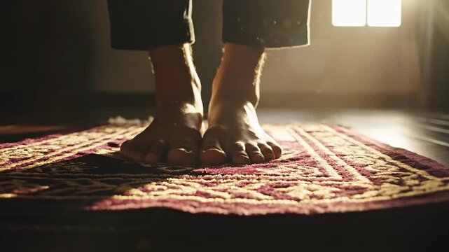 Barefoot steps on a patterned rug with sunbeam light