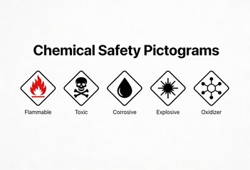 Obraz premium Chemical safety pictograms illustrating flammable toxic corrosive explosive and oxidizer hazards emphasizing essential safety precautions in modern chemical handling