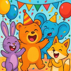 Naklejka premium Delightful cartoon animal birthday party with festive decorations and joyful expressions