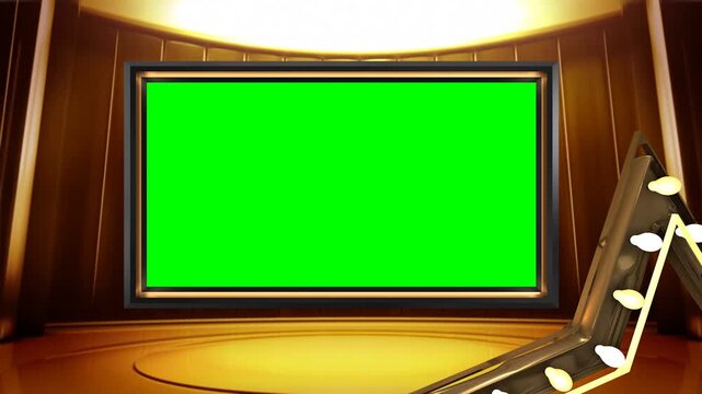 A showcasing a green screen on a wooden stage with a spotlight shining down 