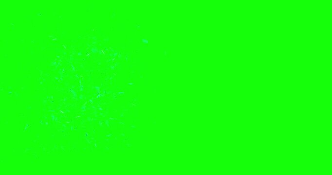Flying shattered glass fragments in slow motion footage with green screen. 3D 4K FX animation.
