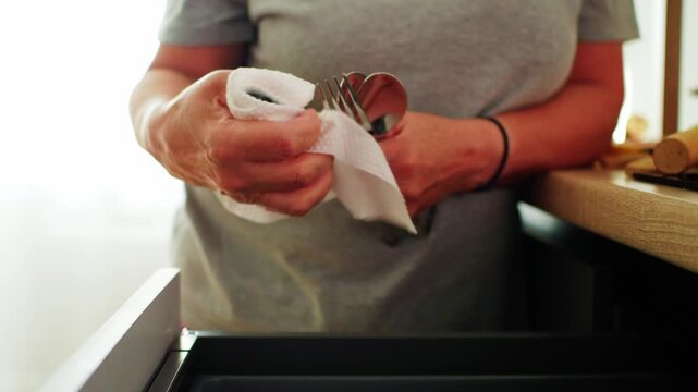 Hands preparing food in a kitchen with tools for cooking and a fresh item in hand