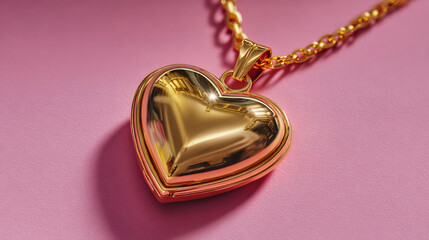 Golden heart locket necklace on pink background