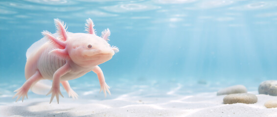 Obraz premium Pink axolotl swimming underwater. Leucistic Mexican salamander with feathery gills over white sand. Clear blue water with light rays and copy space for text