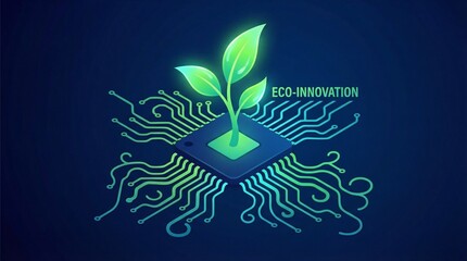 Green Plant Sprout Growing Through Technology Microchip and Gear Concept Illustration