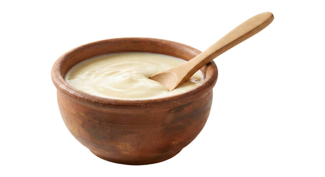 Thick Organic Plain Curd or Yogurt in Rustic Clay Bowl with Wooden Spoon