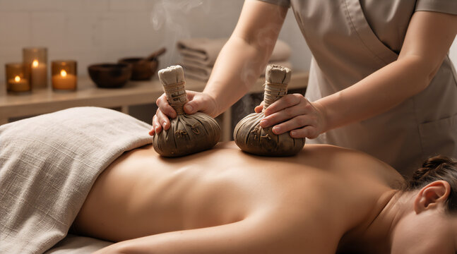 Spa therapist performing herbal compress massage on woman back. Hot steam pinda sweda treatment in wellness center. Ayurvedic body care concept