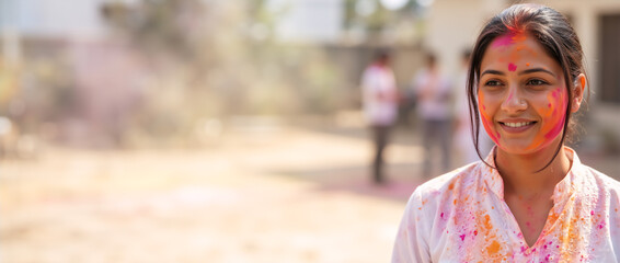 Happy Indian woman celebrating Holi festival with colorful powder on face. Panoramic banner with copy space for text