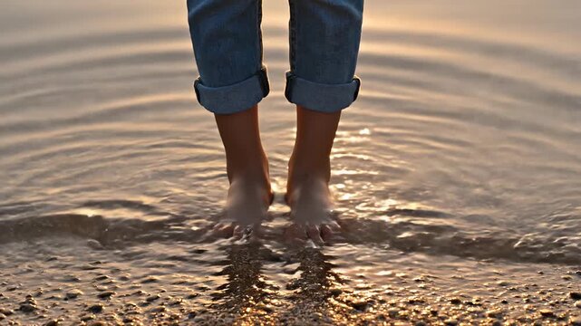 Barefoot toes touch gentle waves on a sandy shore at sunset golden hour light