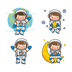 Set of cute kawaii astronaut stickers featuring a little space traveler with earth, moon, and stars on a white background.