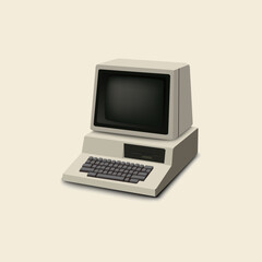 Isolated 3D isometric vector illustration of a vintage personal computer with monitor and keyboard on cream background.