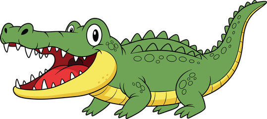 Obraz premium Cute cartoon crocodile illustration with open mouth, smiling green alligator character, playful reptile mascot design for kids education, children books, stickers, animation, isolated on white