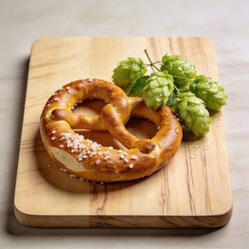 Soft pretzel adorned with coarse sea salt accompanied by fresh green hops on a rustic wooden cutting board reflecting culinary artistry and tradition