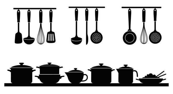 Kitchen Utensils and Cookware Silhouettes.